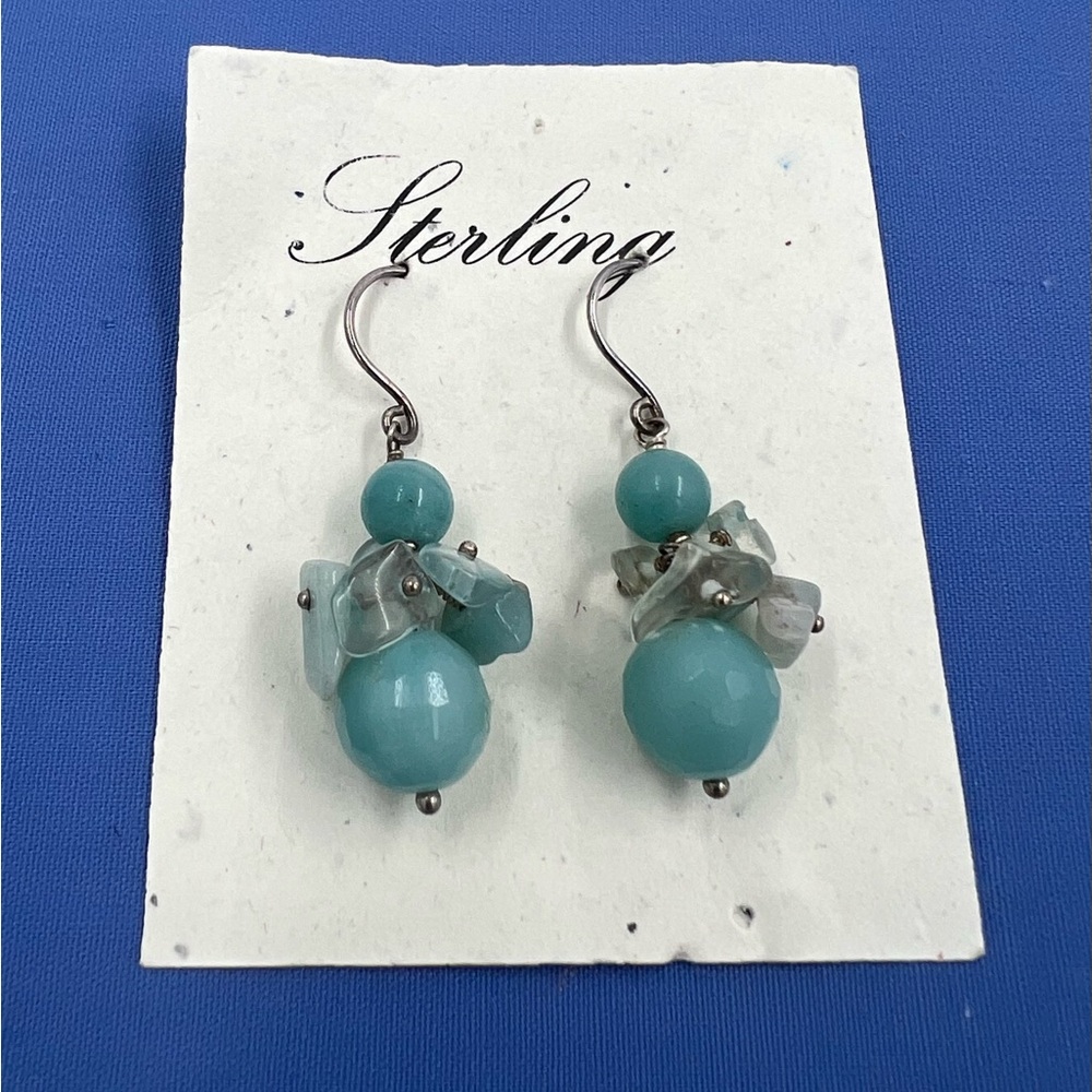 New Sterling Silver Cluster Drop Earrings Larimar, Aquamarine & Blue Quartz Gems